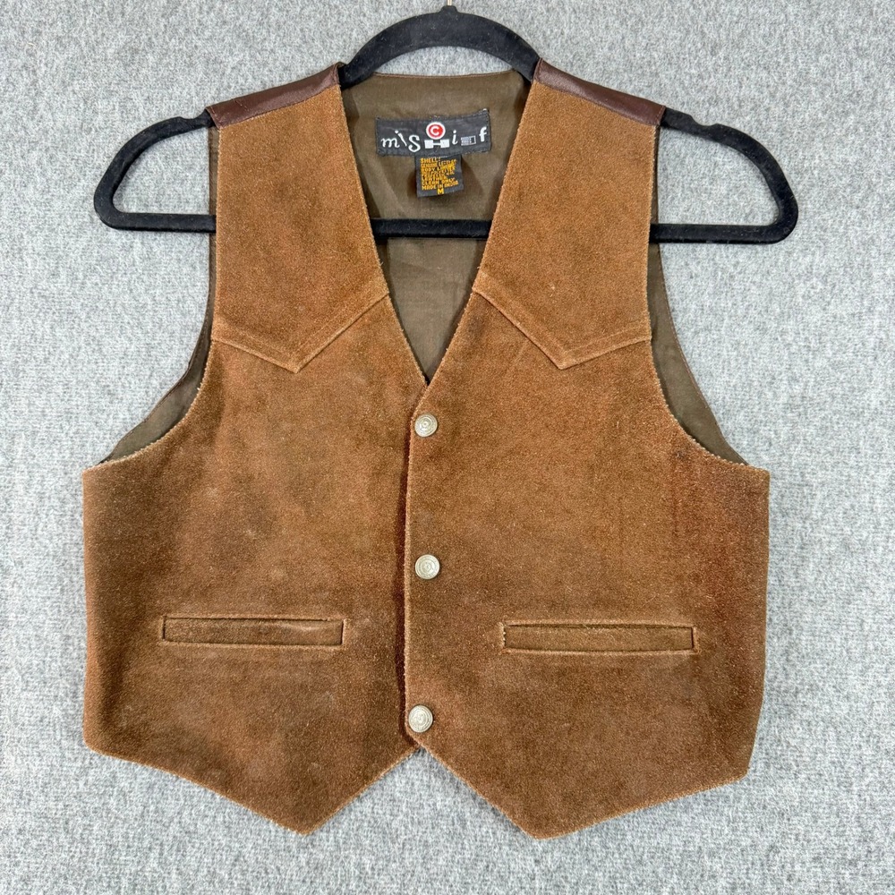 Mischief Boys Brown Suede Leather Western Vest Button Front Cinch Back Size M